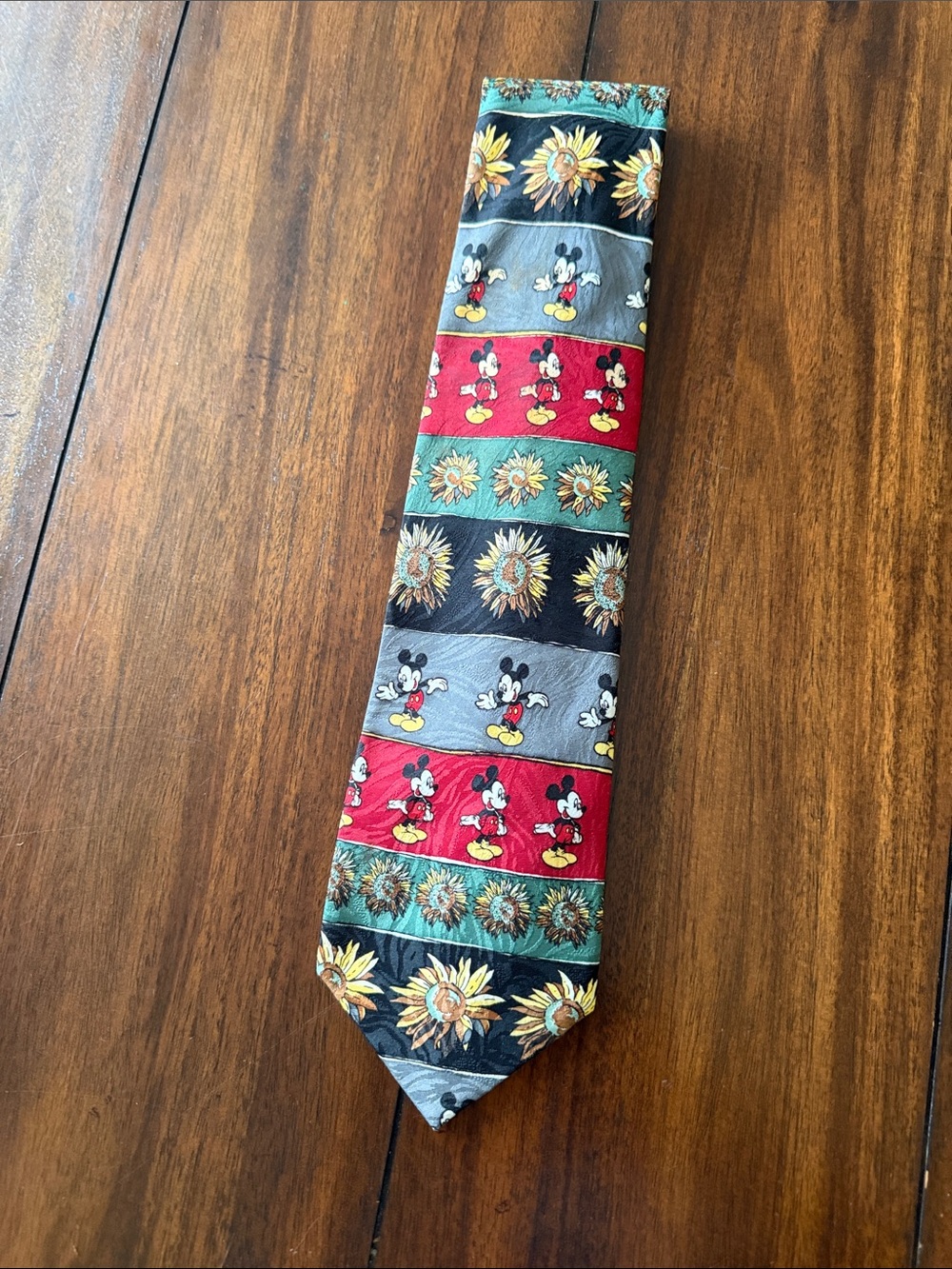 Rare Mickey Mouse Novelty Striped and Sunflower Silk Tie - Red, Green,‎ Black